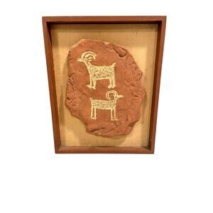 Vintage Fremont Petroglyph slab rock animal carvings framed wall free standing